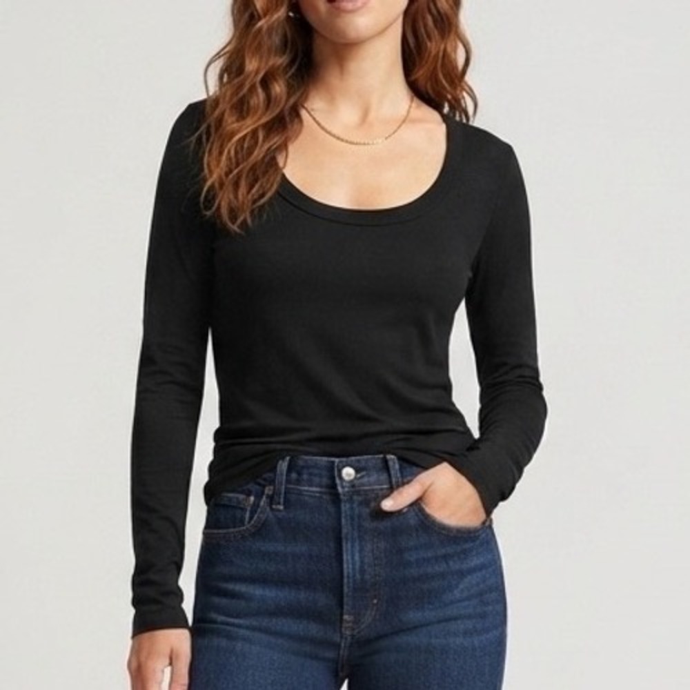 Madewell‎ Womens Black Ribbed Scoop Neck Long Sleeve Tee Shirt Size L Slim Fit